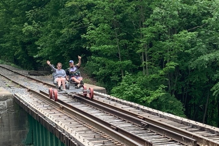 a group of people on a train track with trees in the background