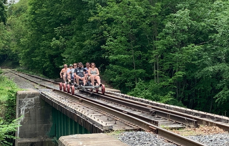 a train traveling down train tracks near a forest